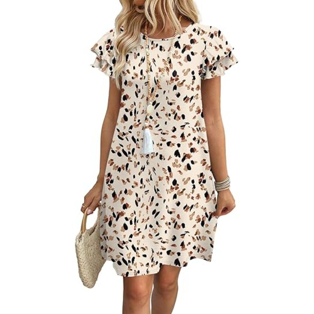 Women's Crem Ruffle Sleeve Round Neck Loose With Pockets Plain Print Dress